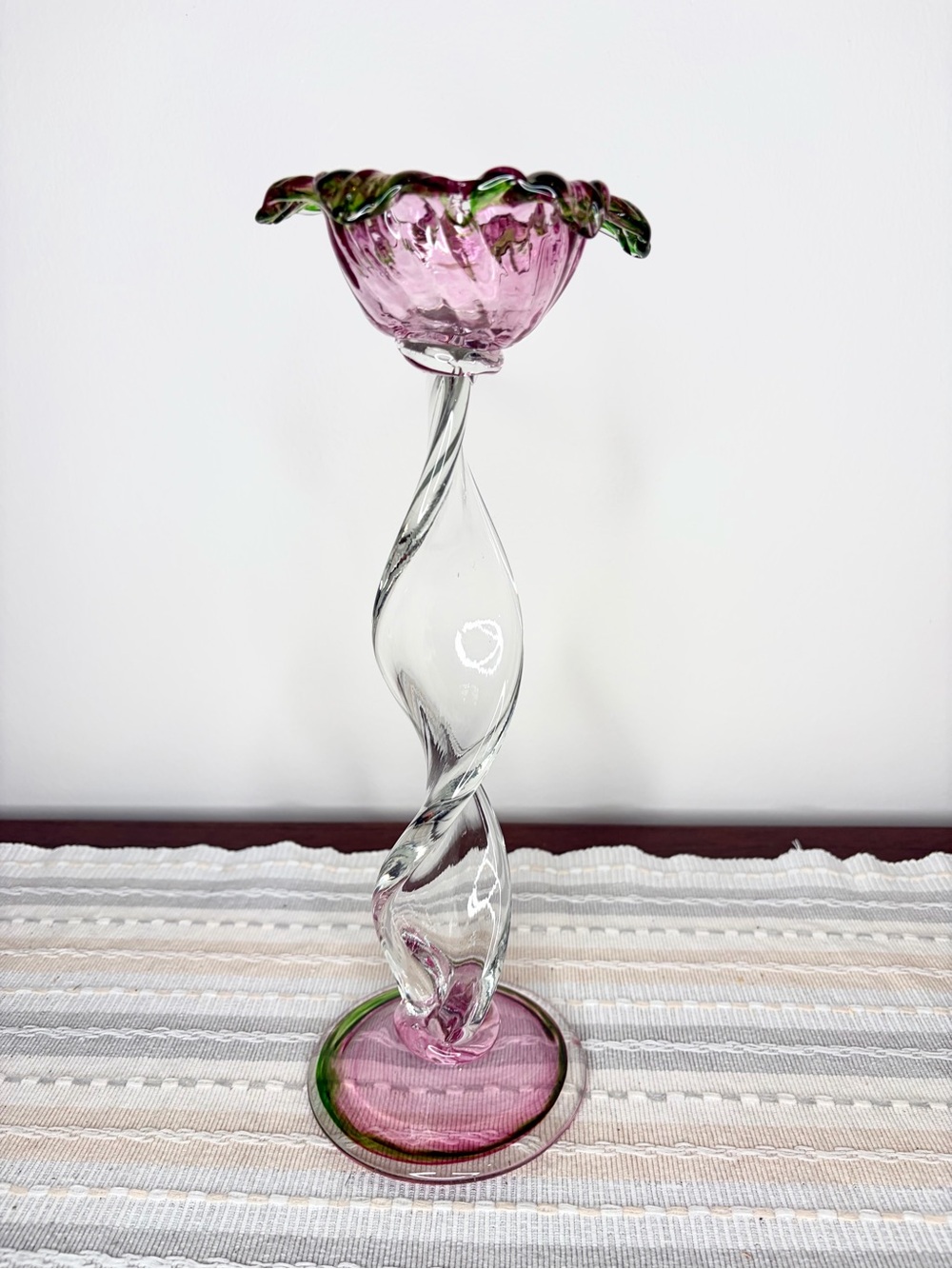 Vintage Handblown Pink Glass Tulip Candlestick Holder with Green Rim
